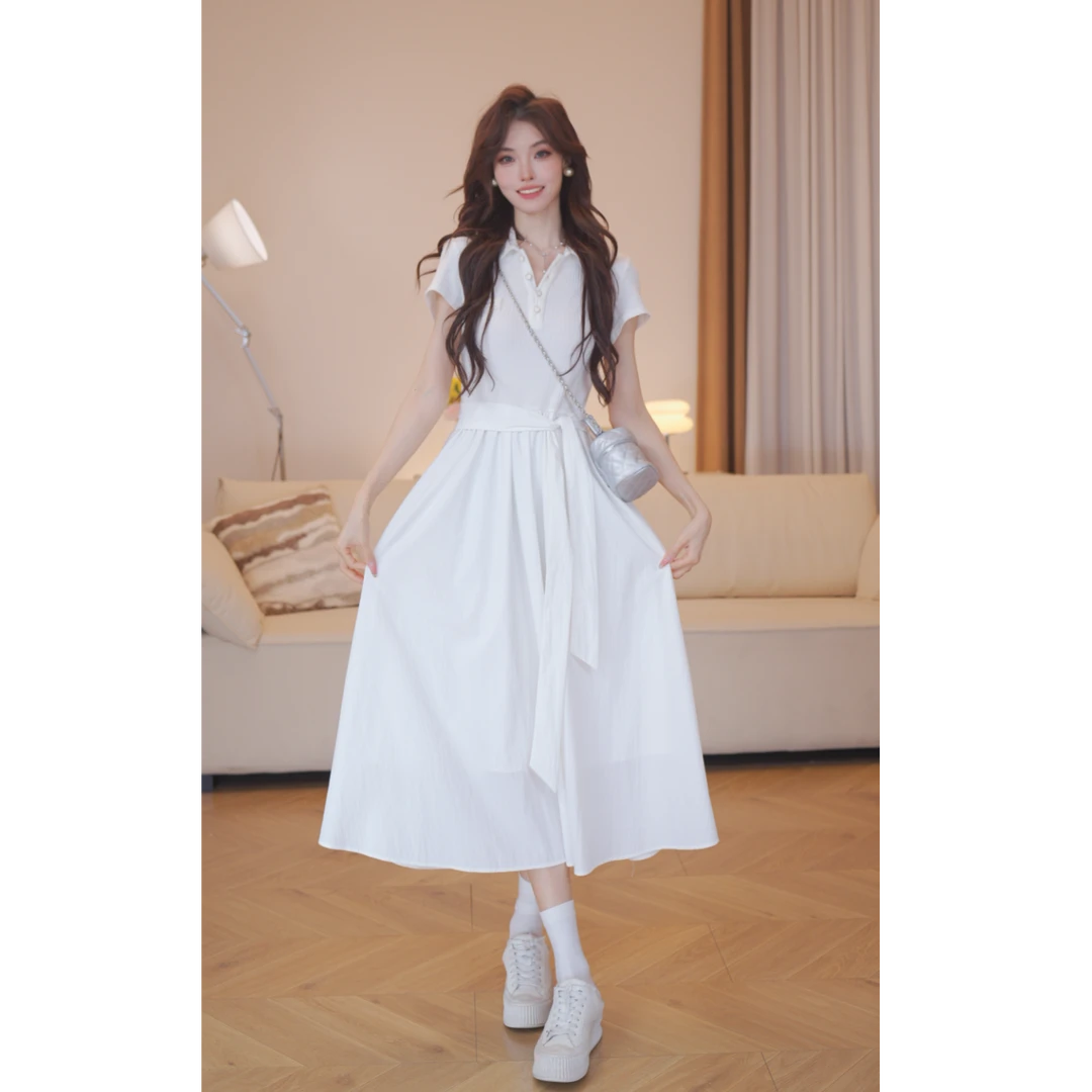 曾小咸 POLO领绑带短袖连衣裙女夏季减龄小众显瘦长裙Z252LQY6232
