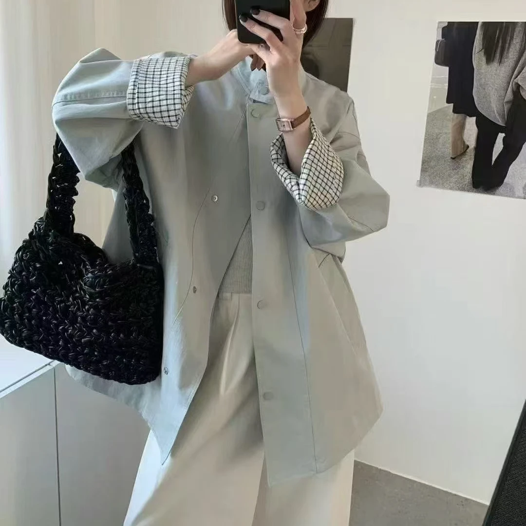 风衣外套春秋新款时尚百搭立领宽松显瘦水洗棉中长款风衣外套