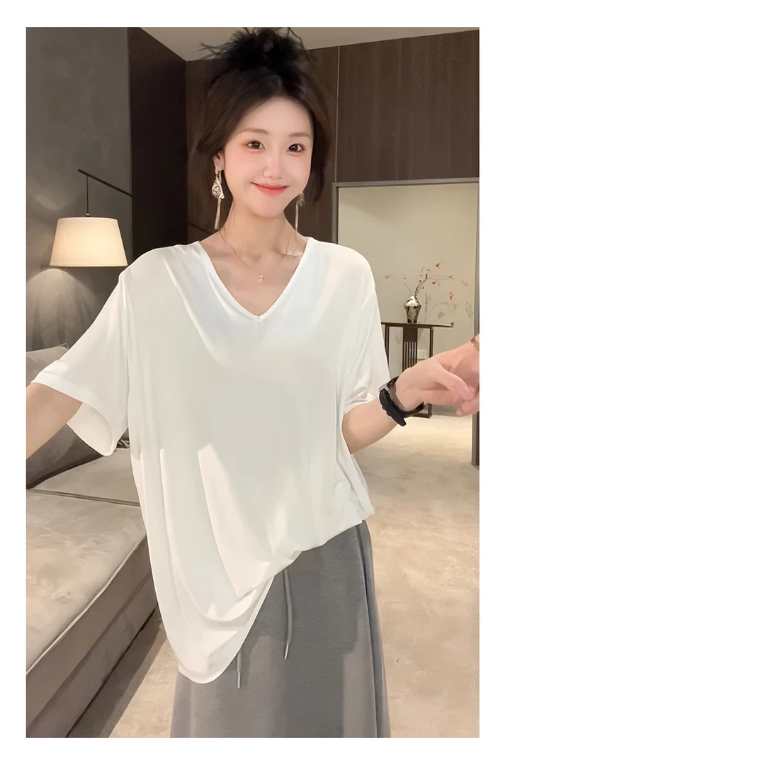 【面膜V领】极简垂感大领口宽松oversize高级春夏季五分袖短袖T恤女