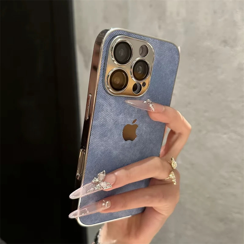ins高颜值电镀银边牛仔纹适用iPhone16promax手机壳15全包14防摔1