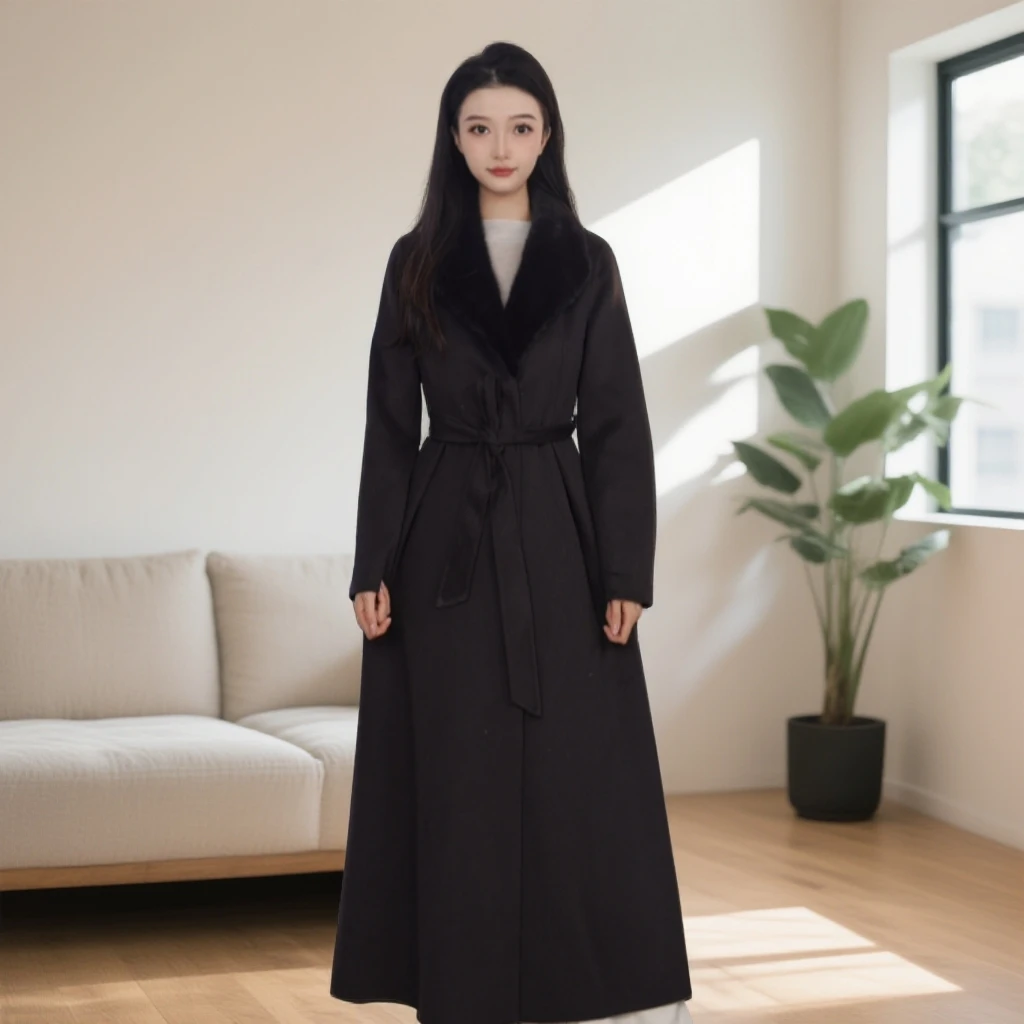 Gowani/乔万尼2025商场同款澳毛大衣高级毛领中长款EO4A032