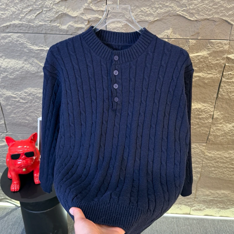 高档新款亨利领麻花毛衣男士秋冬季时尚宽松长袖针织打底衫上衣服