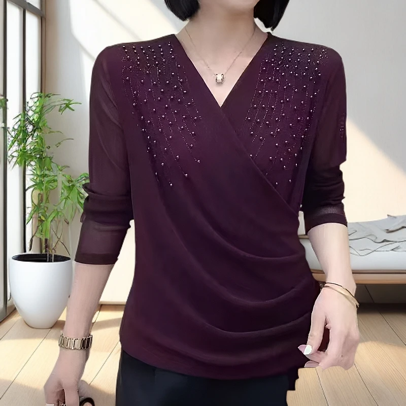 洋气气质V领钉珠打底衫女2025春季新款时尚修身显瘦纯色长袖上衣