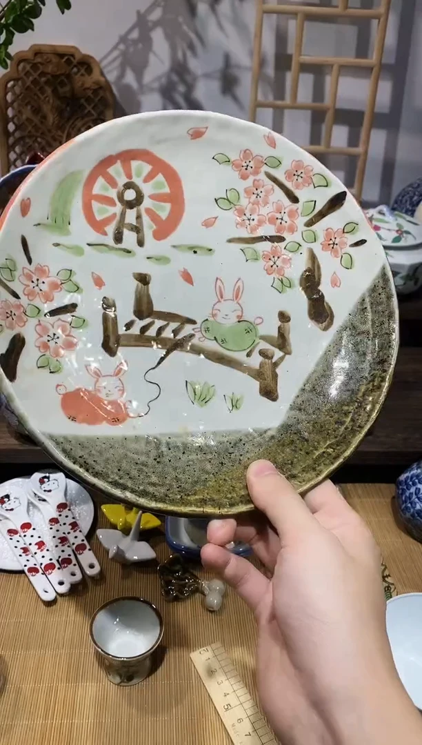 瓷片手绘夕立窑陶胎兔子盘
