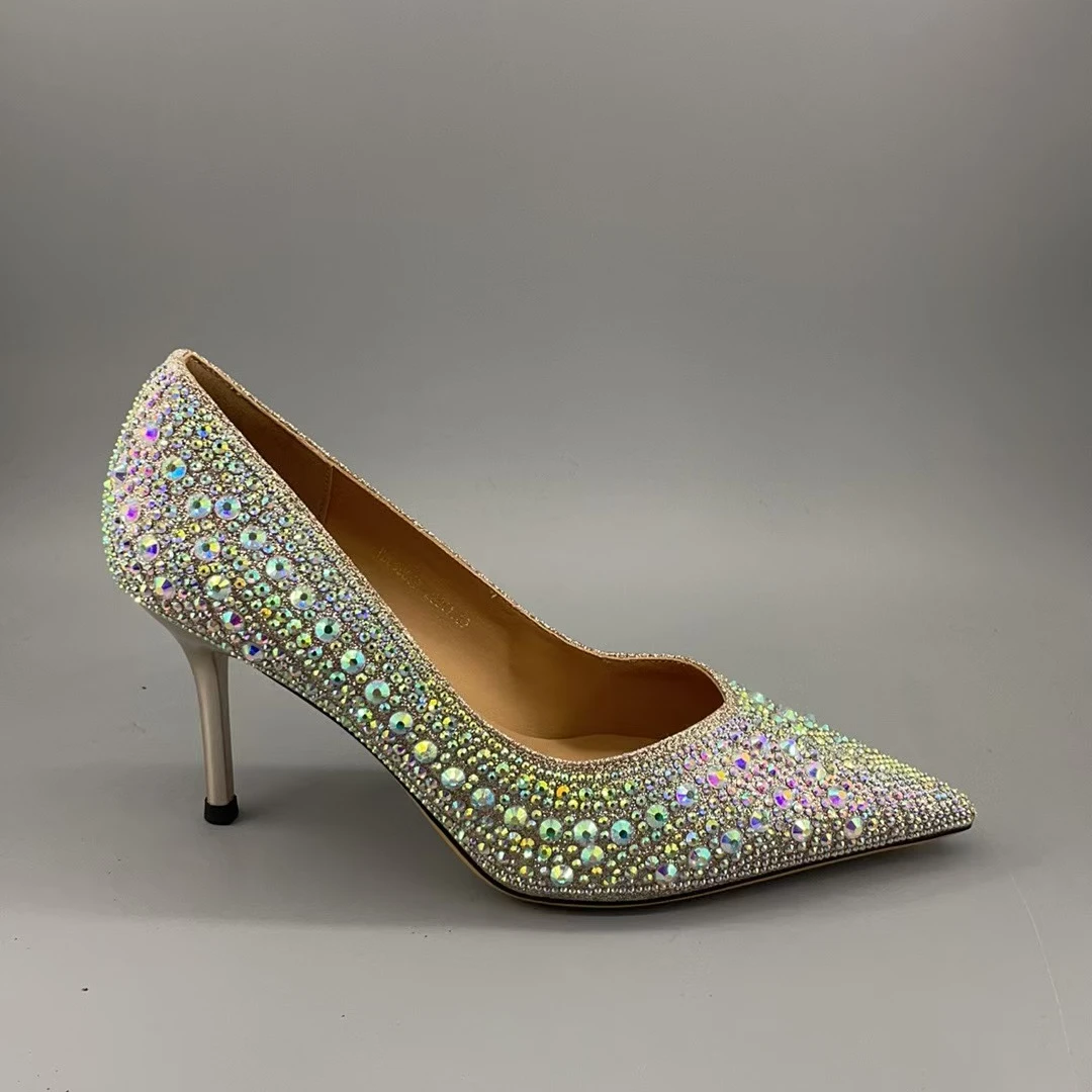 699880（7.5厘米）浅口细跟胶粘单鞋跟鞋尖头女鞋婚鞋气质渐变鞋子