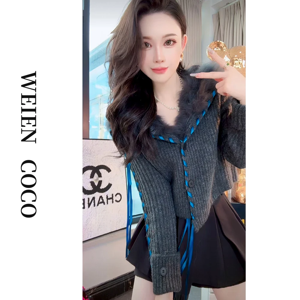 【薇恩COCO】时尚翻领毛茸茸上衣针织开衫时尚百搭秋上新款S5012