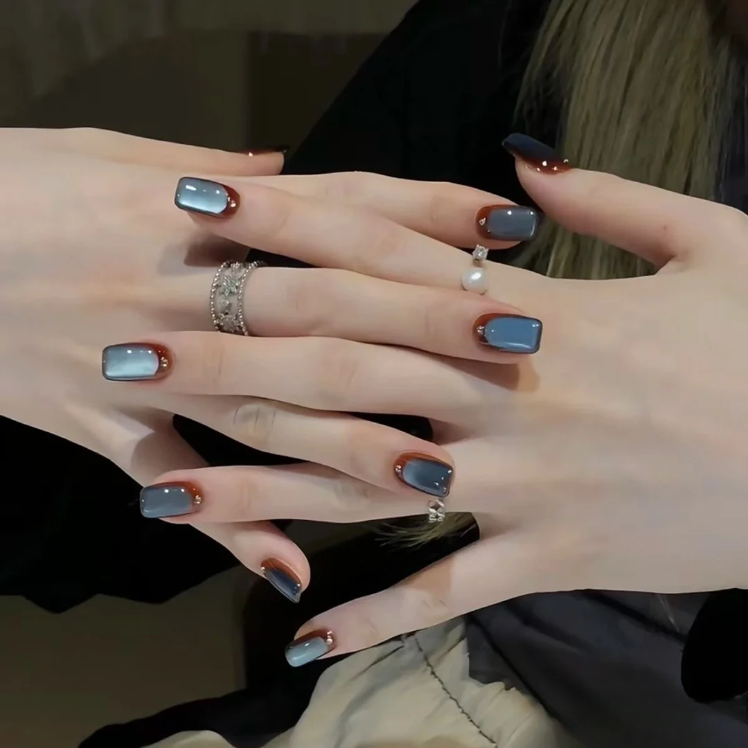 【雾蓝琥珀】秋季新款短款显白蓝色猫眼手工美甲高级穿戴甲片高级感