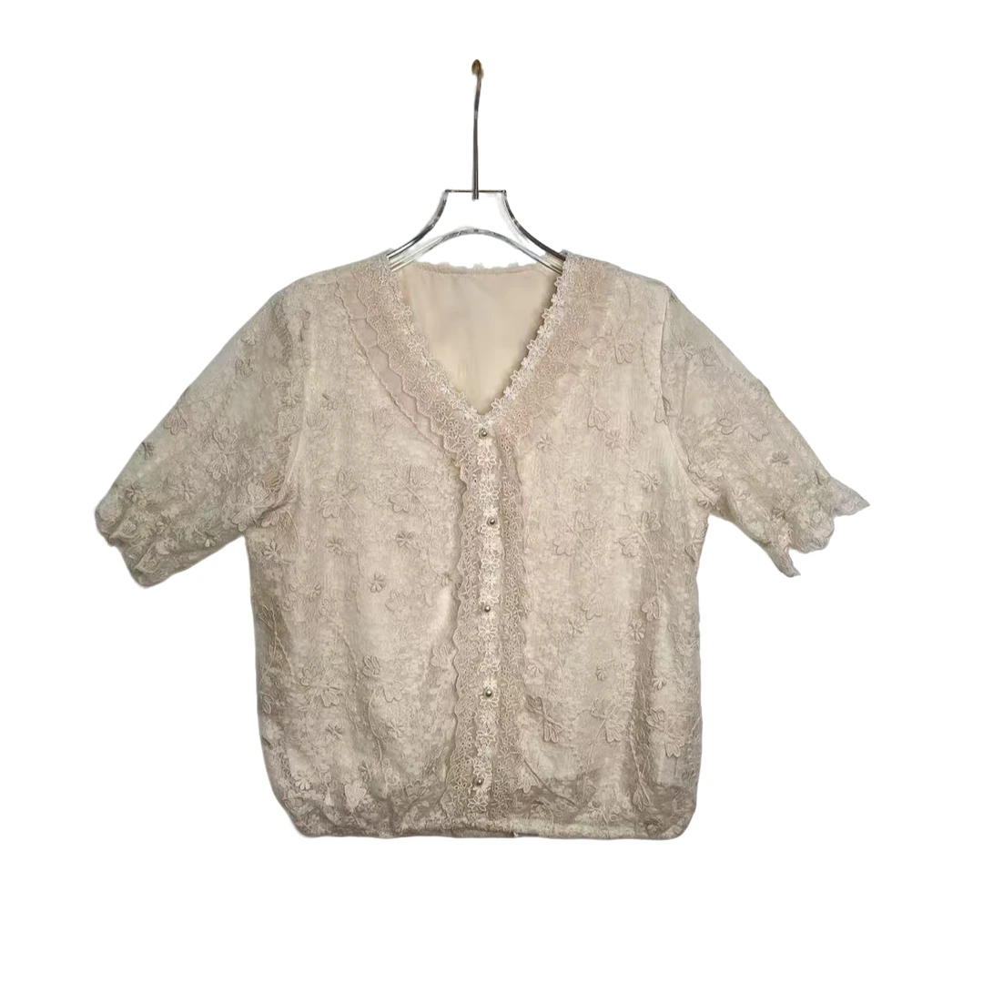 桐然精选246#夏季新款名媛气质时尚蕾丝花边高级感V领短袖上衣