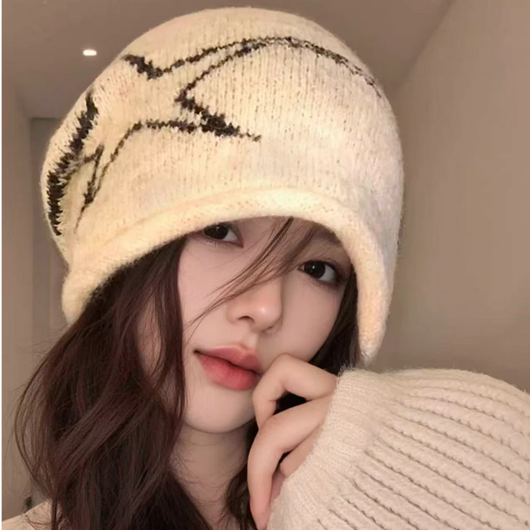 美式复古卷边针织堆堆帽大头围显脸小冷帽女款2025新款百搭毛线帽