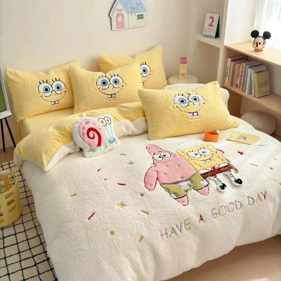 小玲子 好伙伴 加厚羊羔绒牛奶绒贴布刺绣三件套四件套 卡通风