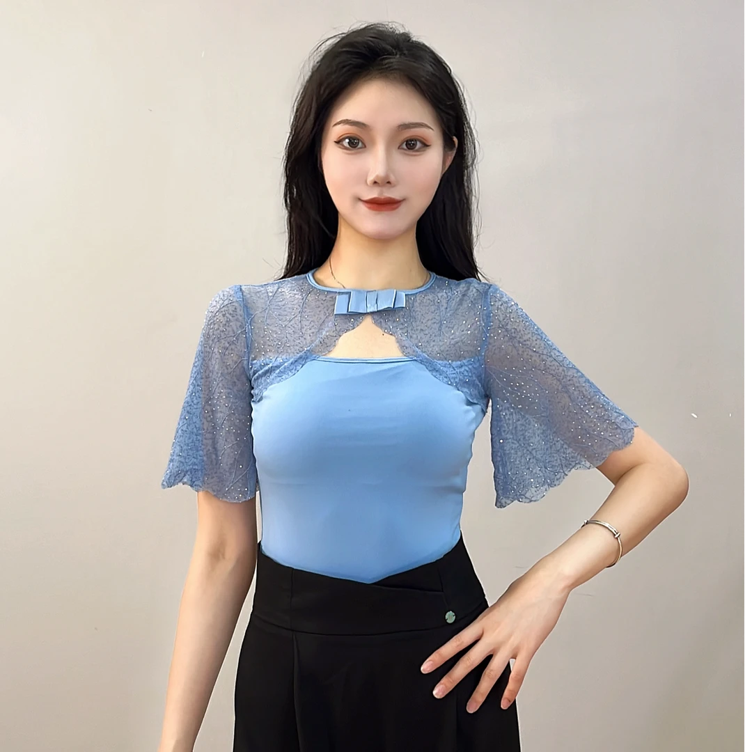 【LP舞服】原创设计-Y25119宫廷风领口镂空蝴蝶结短袖摩登舞上衣