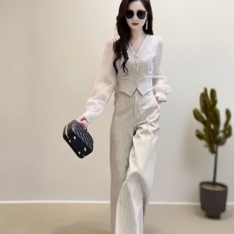 秋季高档百搭气质时尚修身两件套V领衬衫+阔腿裤套装显瘦名媛风女