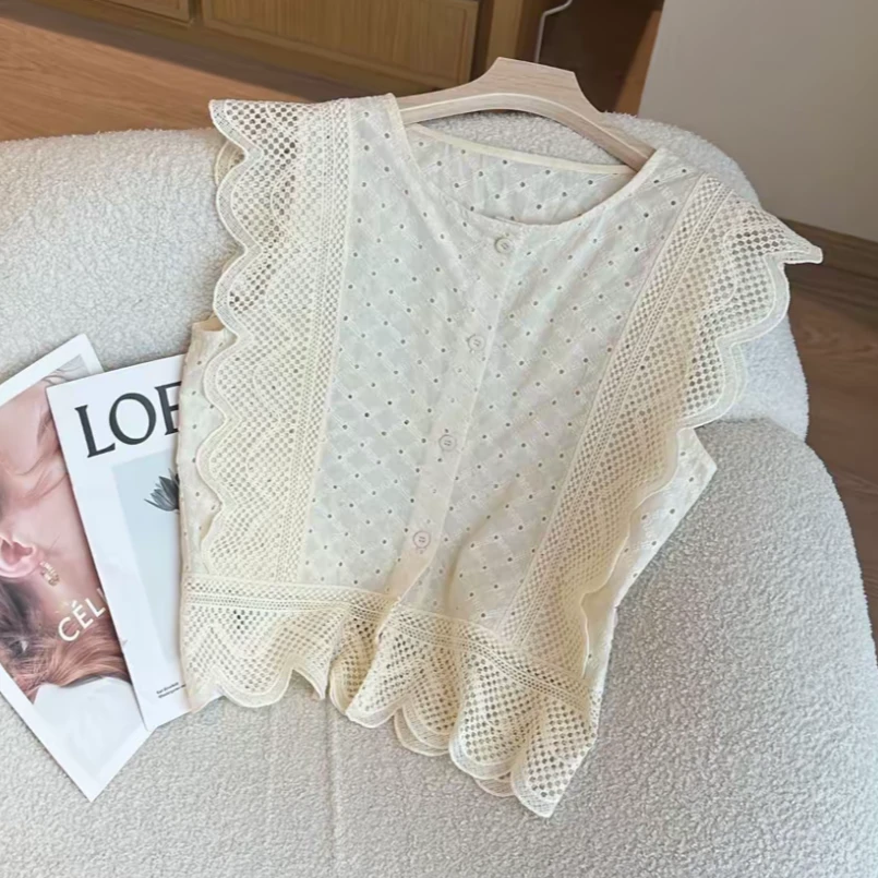 法式荷叶边蕾丝拼接镂空短袖小衫时尚百搭上衣