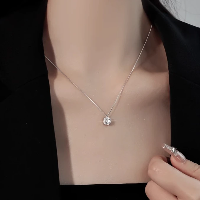 链子足银 999纯银方糖项链配饰女锁骨链锆石吊坠七夕情人节礼物