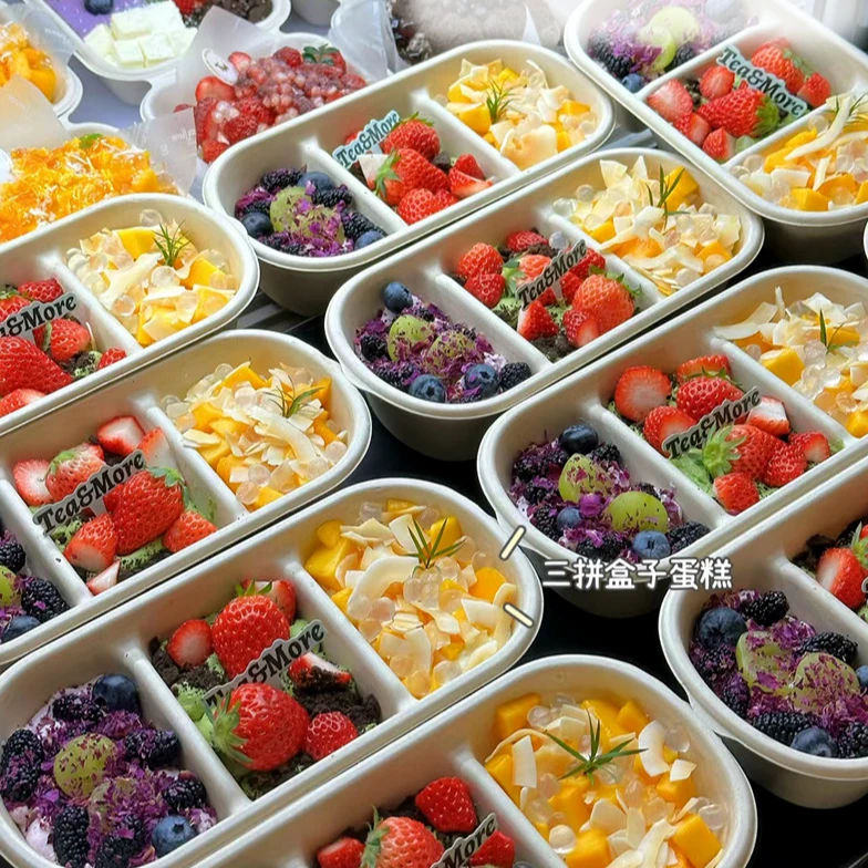网红三拼蛋糕盒日式长三格水果春游便当盒子三味甜品包装烘焙盒子