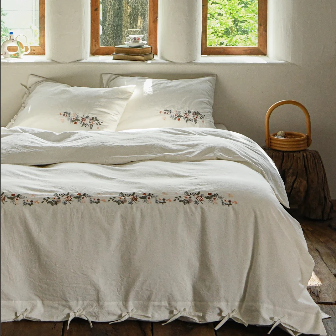 虞美人亚麻棉麻四件套简约提花被套枕套床品套件吸湿透气欧式