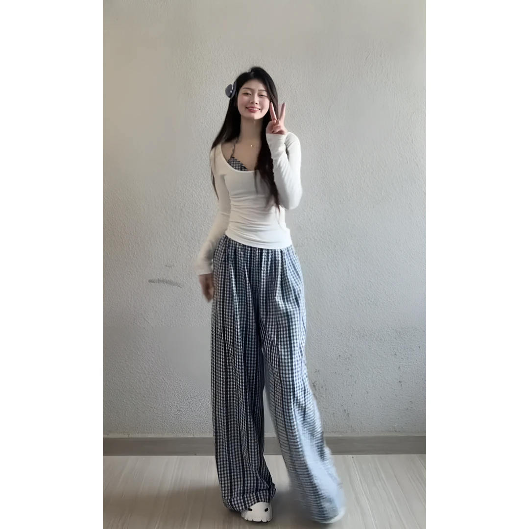 韩系穿搭设计感套装女2025年夏季辣妹长袖上衣吊带格纹长裤三件套