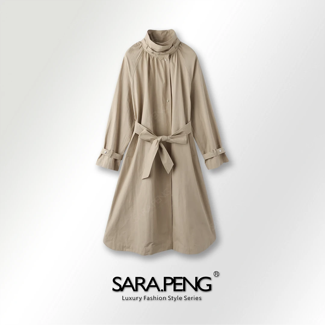 SARA.PENG奢潮/英伦风长款风衣简级高级感立领经典系带百搭外套