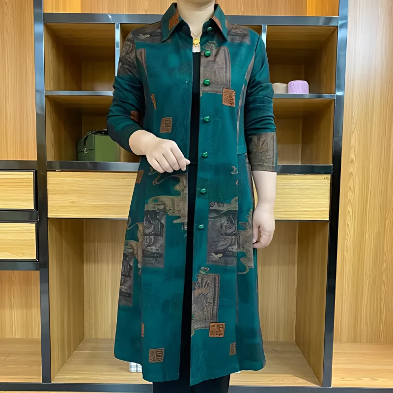 2025新款中老年妈妈装大码中长款风衣印花外套女秋季遮肉显瘦大衣