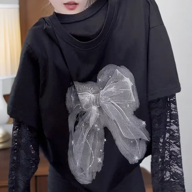 春季新款韩版宽松爆款假两件蕾丝袖上衣