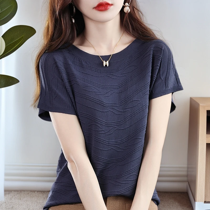 新款3D针织衫宽松短袖夏季曲珠天丝镂空T恤百搭半袖显瘦女士纯色