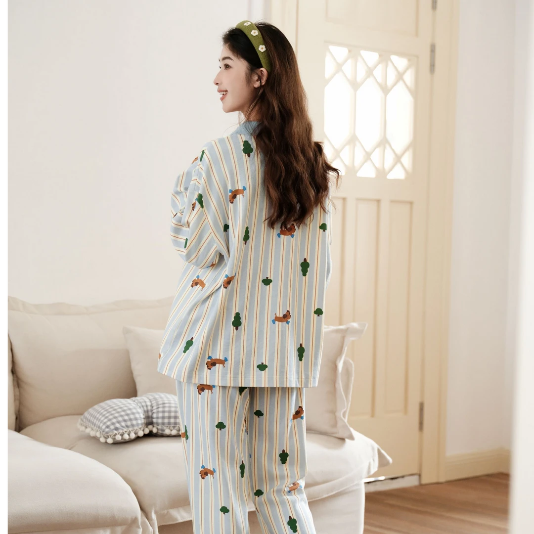 芬腾睡衣女款春秋季新款纯棉长袖长裤宽松休闲透气外出可穿家居服