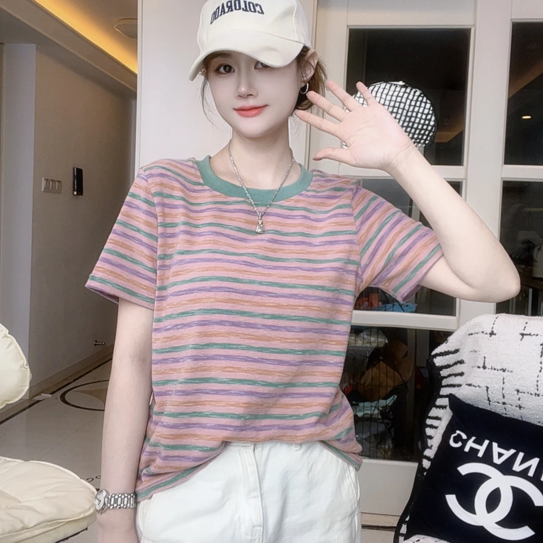粉色条纹正肩短袖t恤女夏季2025新款欧货高级感修身短款体恤上9