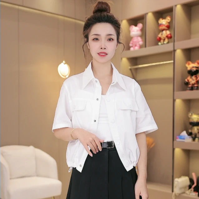 【橙子定制】夏季新款复古风设计感小众宽松短款衬衫#8124