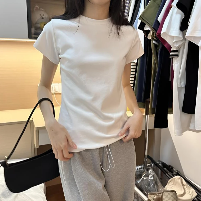 纯棉基础款白色正肩短袖t恤女修身显瘦遮肚子夏日甜辣妹短款上衣