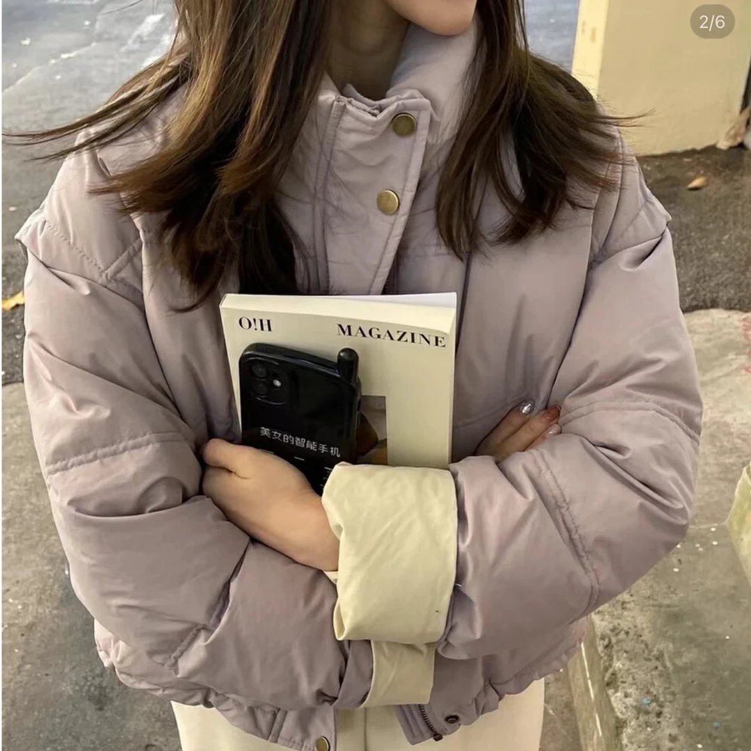 韩系简约冬季小个子短款立领撞色设计感保暖羽绒服面包羽绒服女款