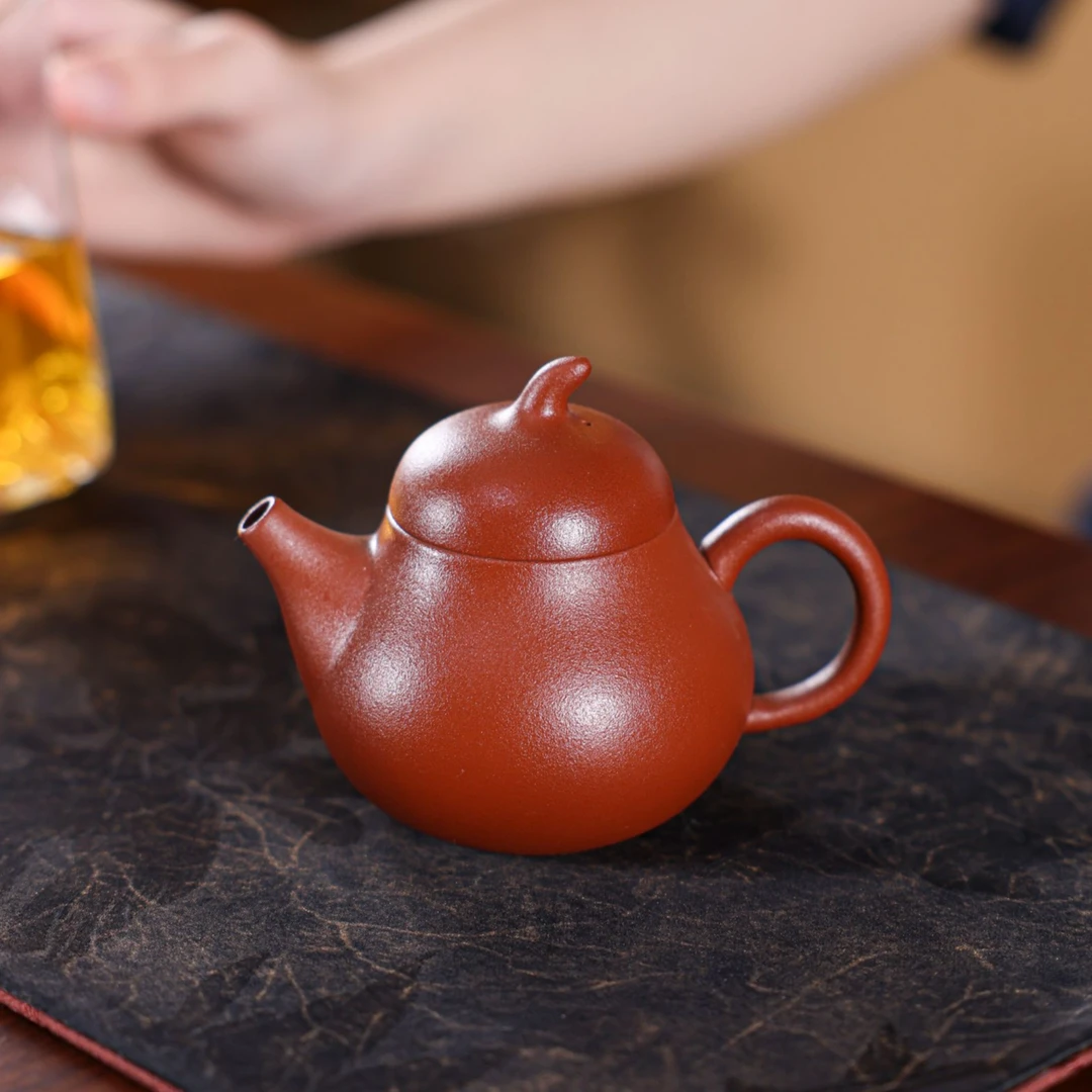 紫砂全手工宜兴茶壶橘皮朱泥梨壶中式高端小品壶家用泡茶专用茶具