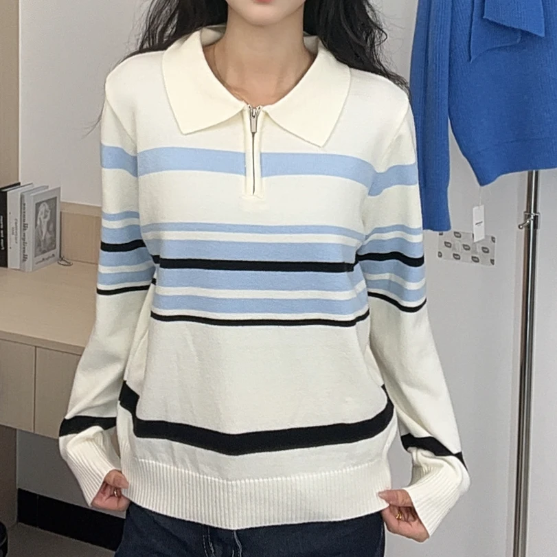 针织翻领半拉链长袖条纹毛针织衫上衣韩版秋季休闲
