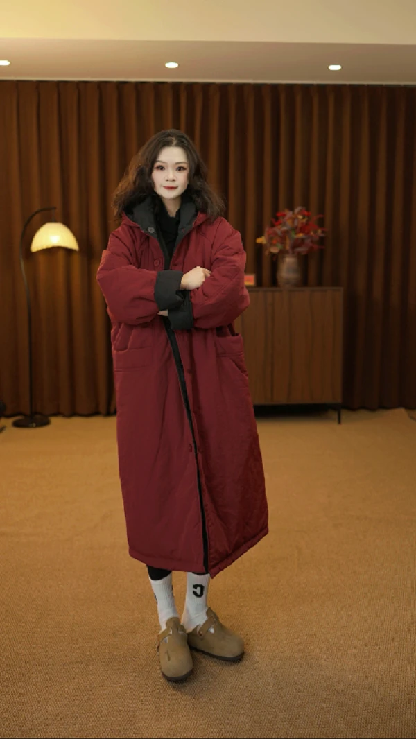 MEIZI保暖连帽长款两面穿时尚休闲宽松棉衣加厚款oversize防风