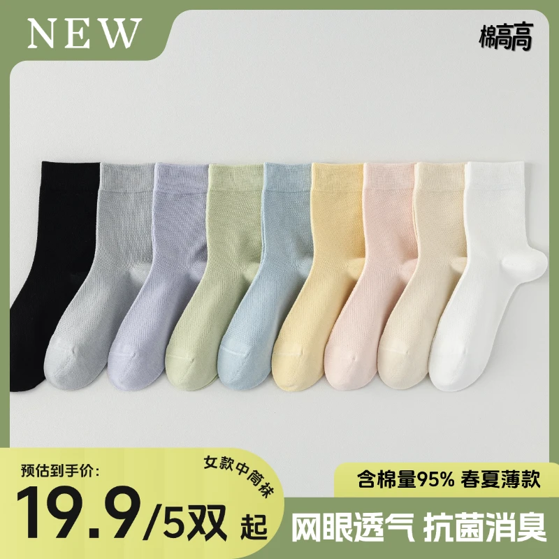 棉高高-女袜中筒网眼纯棉夏天袜轻薄透气抗菌消臭吸汗多巴胺纯色