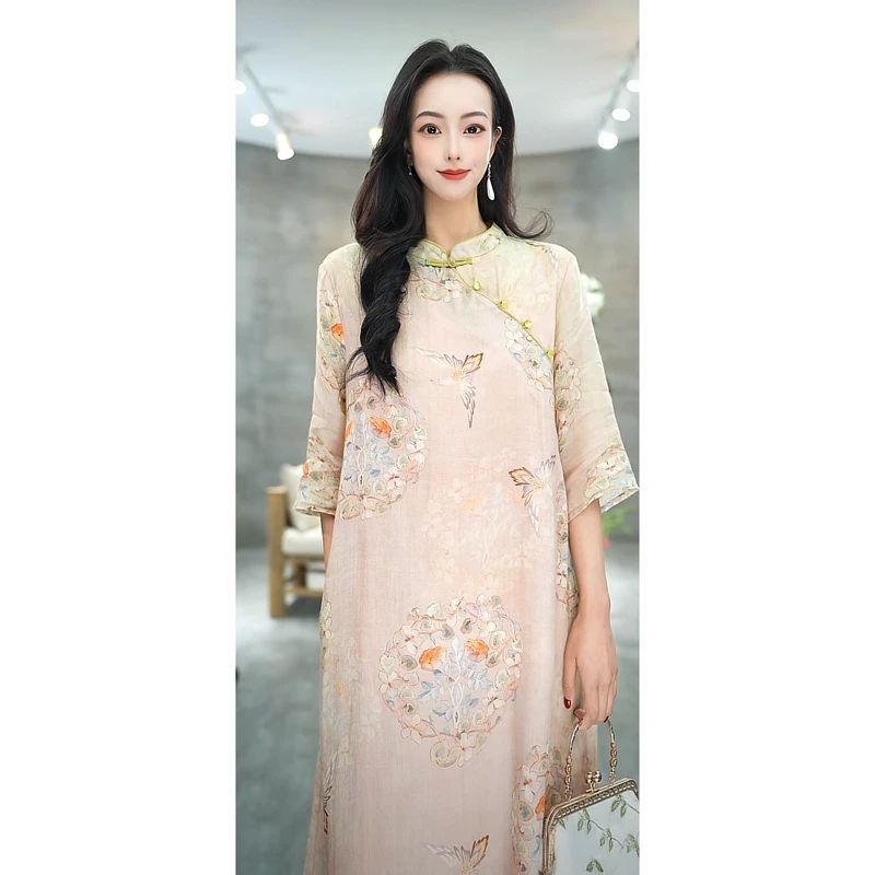 赠李白【雪凤呈祥】100支苎麻大摆裙国风原创设计旗袍盘扣气质6215
