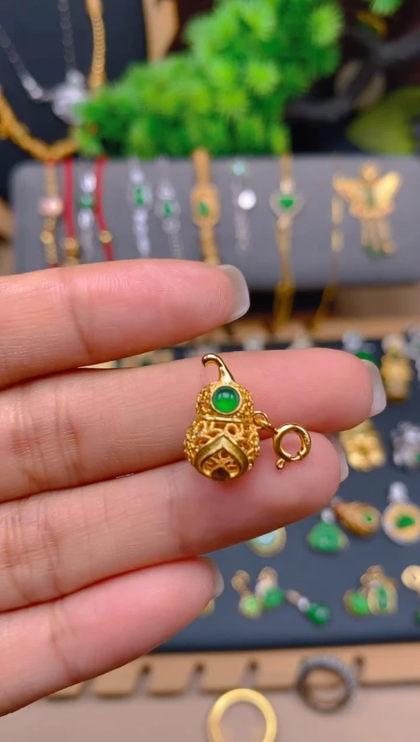 吊坠(不含链)银S925镶嵌翡翠花丝葫芦