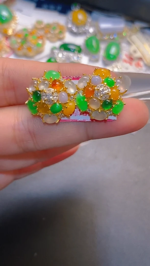 翡翠银S925镶嵌耳饰天然