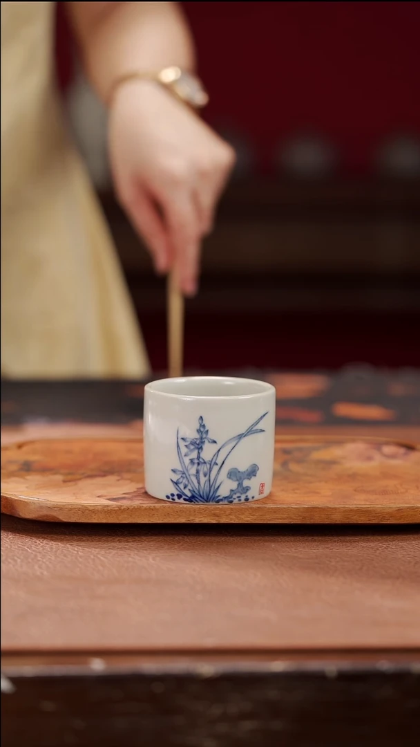 柴烧扳指杯-兰花（青花