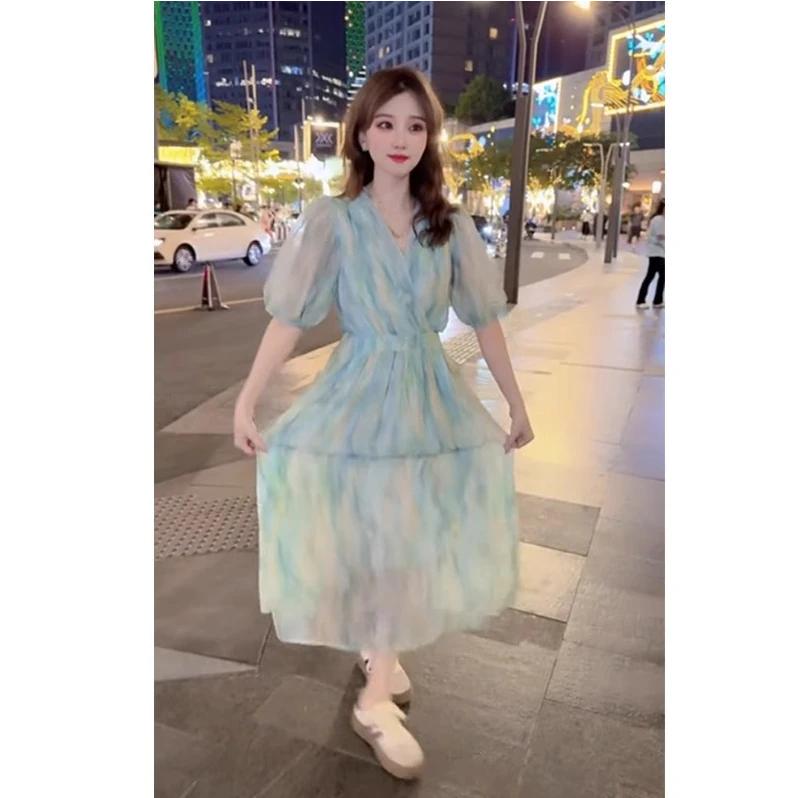 气质优雅V领连衣裙女装2025夏季新款收腰长裙Q1801