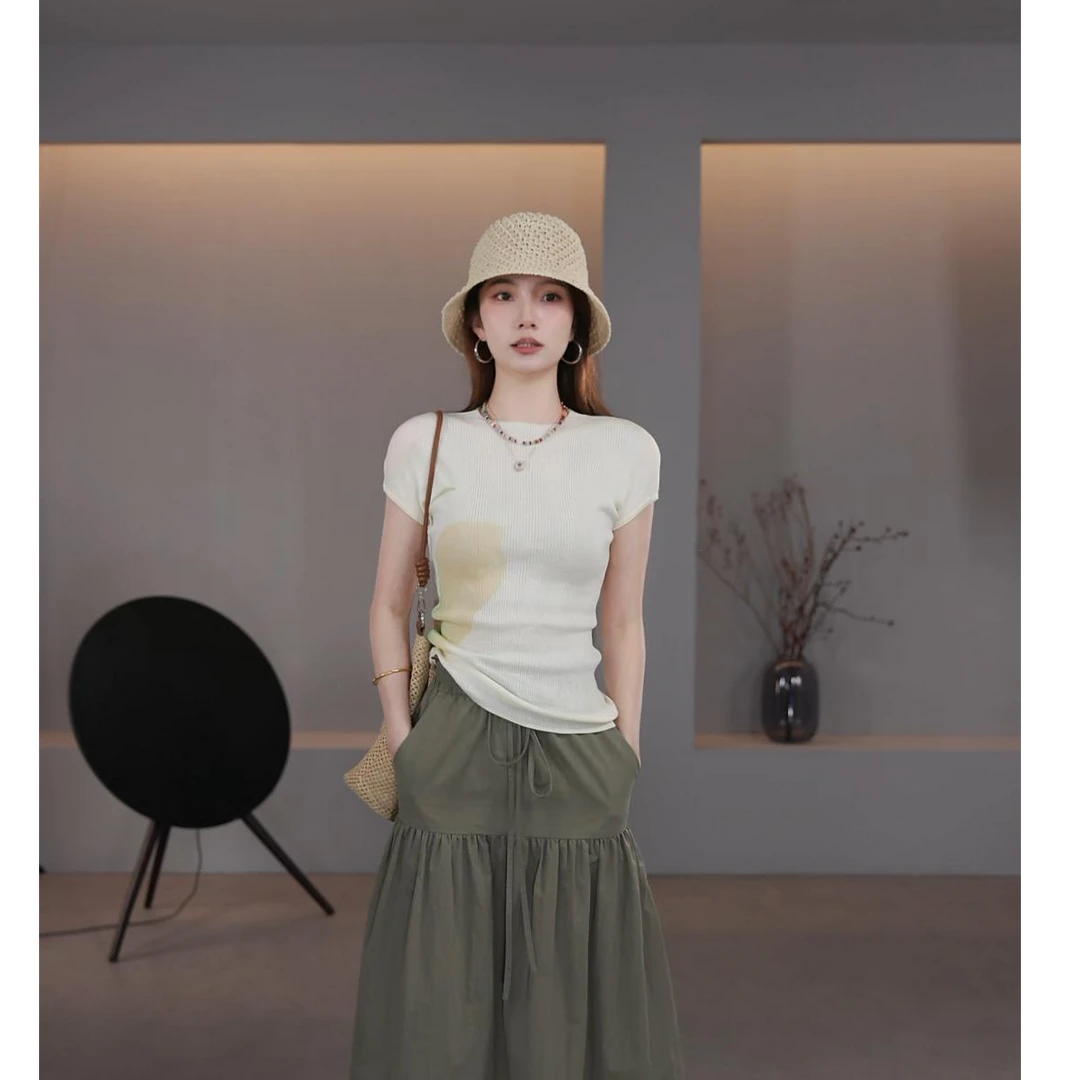 【LIbaibai】（透气薄款）夏装修身薄款显瘦短袖针织上衣BB-2180