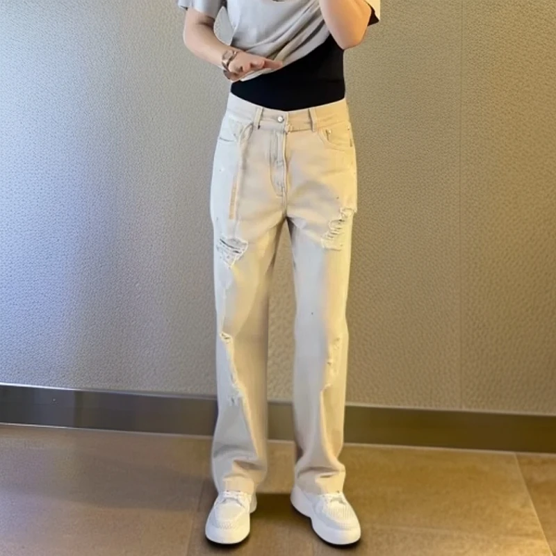 春夏新品潮流新款男装男士乞丐破洞阔腿牛仔裤子时尚休闲长裤子潮