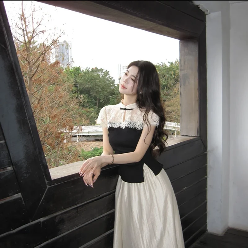 高级感时尚套装女夏季新款新中式蕾丝气质上衣+A字裙两件套