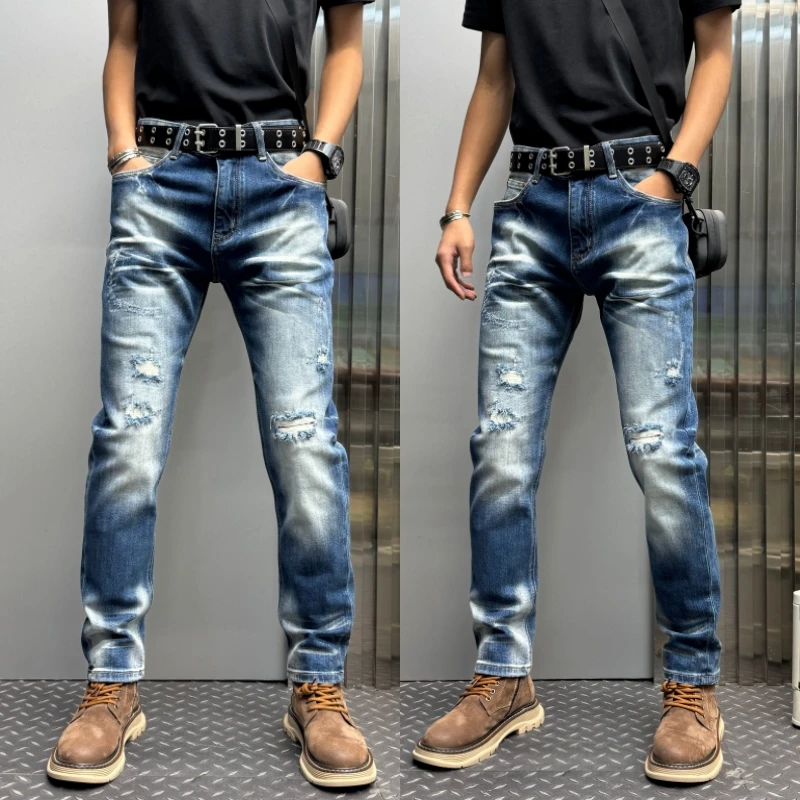 高街风做旧水洗破洞牛仔裤男士潮男日常街头个性穿搭时尚牛仔长裤