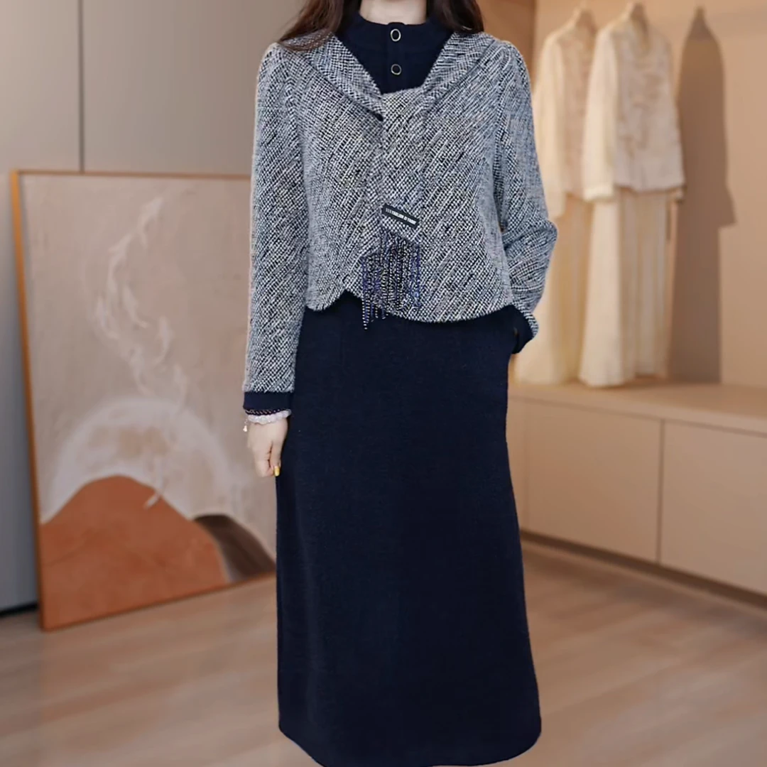 A433#小香风围巾款大方气质显瘦假两件连衣裙2025秋冬上新裙子