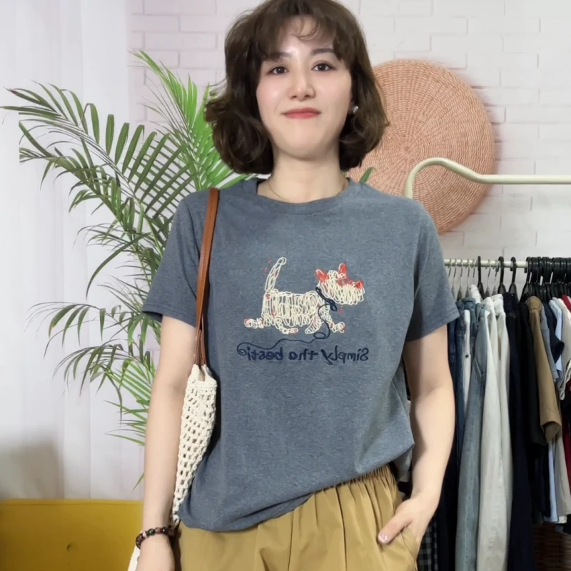 【线条小狗】春夏新款韩版风正肩短袖T恤女款时尚百搭LK2501730