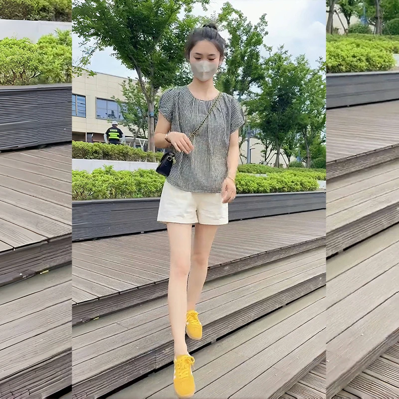 高级感时尚套装女装2025夏季新款格子短袖衬衫显瘦阔腿短裤两件套