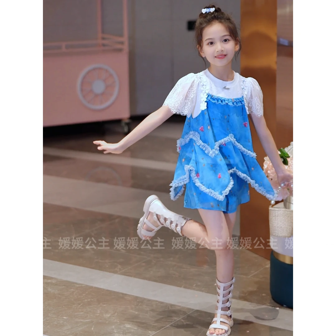 媛媛公主【蓝色盛夏】2025夏女童时尚不规则吊带短裤套装15251Y205