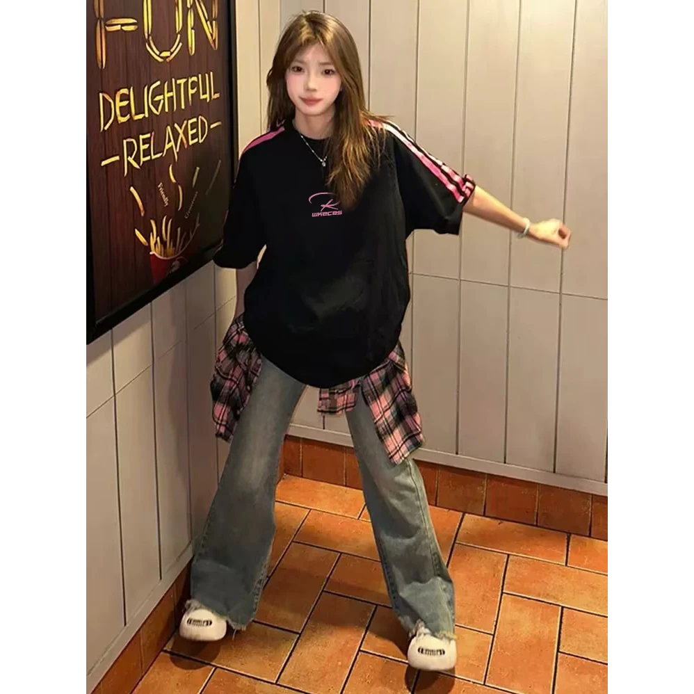 美式复古三条杆纯棉小众短袖T恤半袖夏季新款ins国潮牌高街上衣