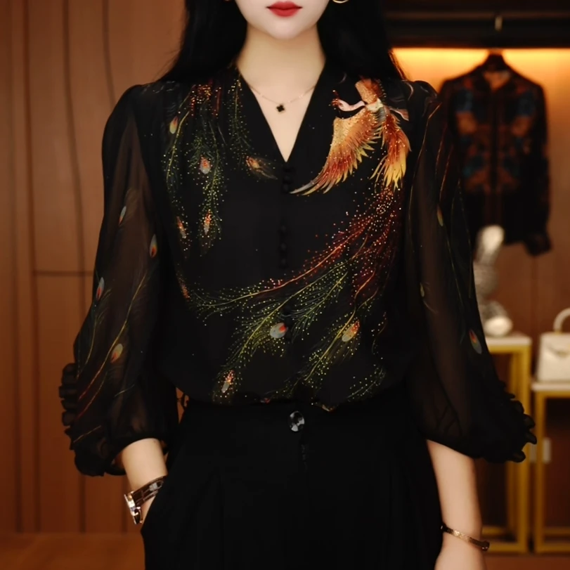 Y250171- 新款琉璃双皱丝洋气时尚百搭休闲气质女士印花小衫显瘦