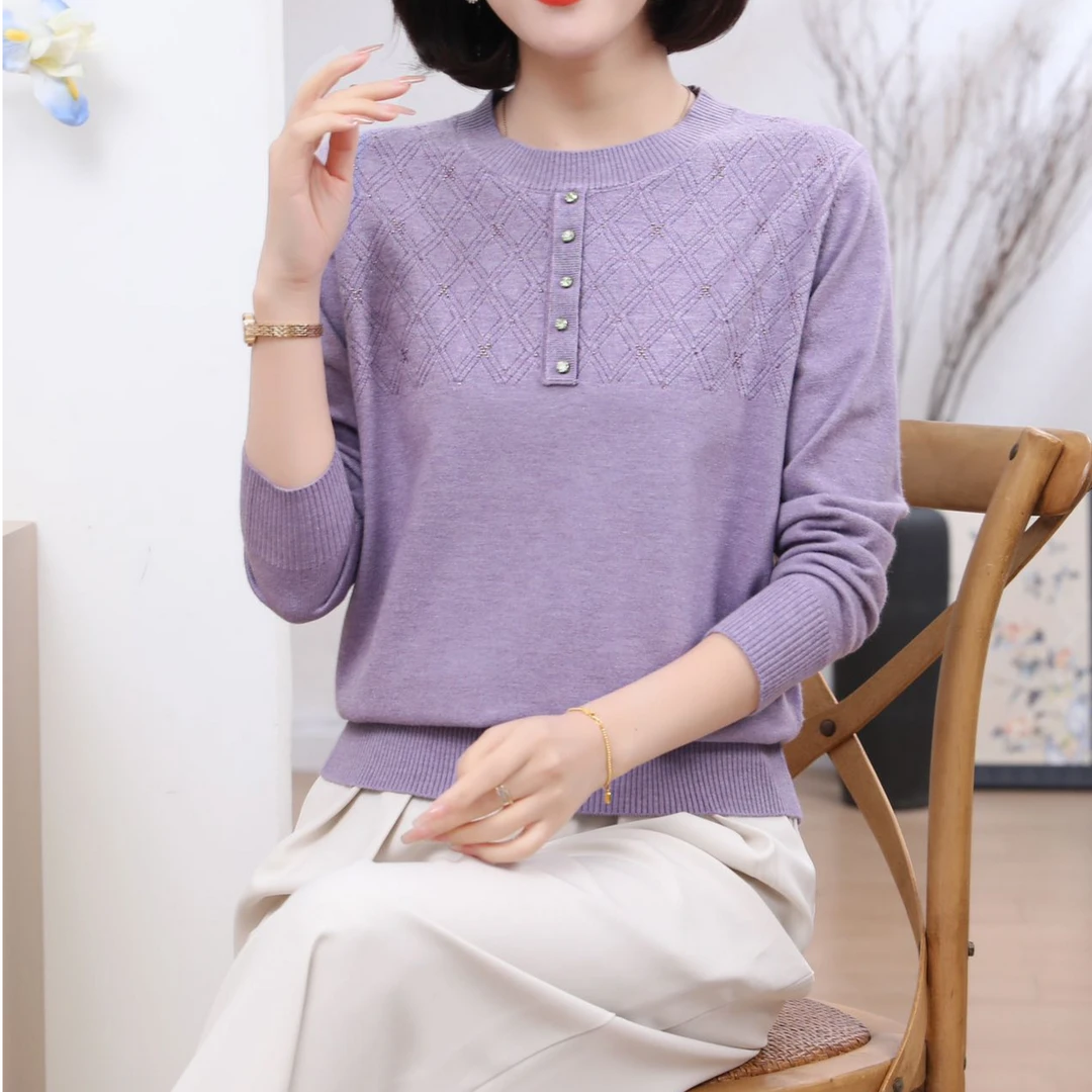 春秋新款洋气毛衣时尚女士妈妈宽松针织打底圆领针织衫上衣109